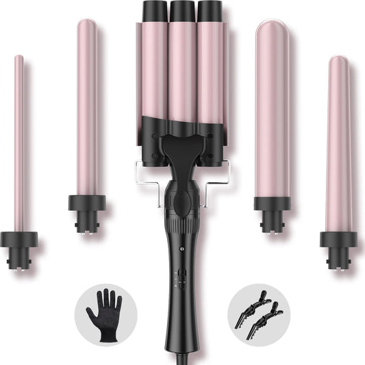 Hair Waver Curling Wand Iron Tong, Chopstick, 5 in 1 Hair Curler for Long Hair 10mm-32mm with 2 Crocodile Clips 1 Anti-Scald Silicone Gloves, PTC