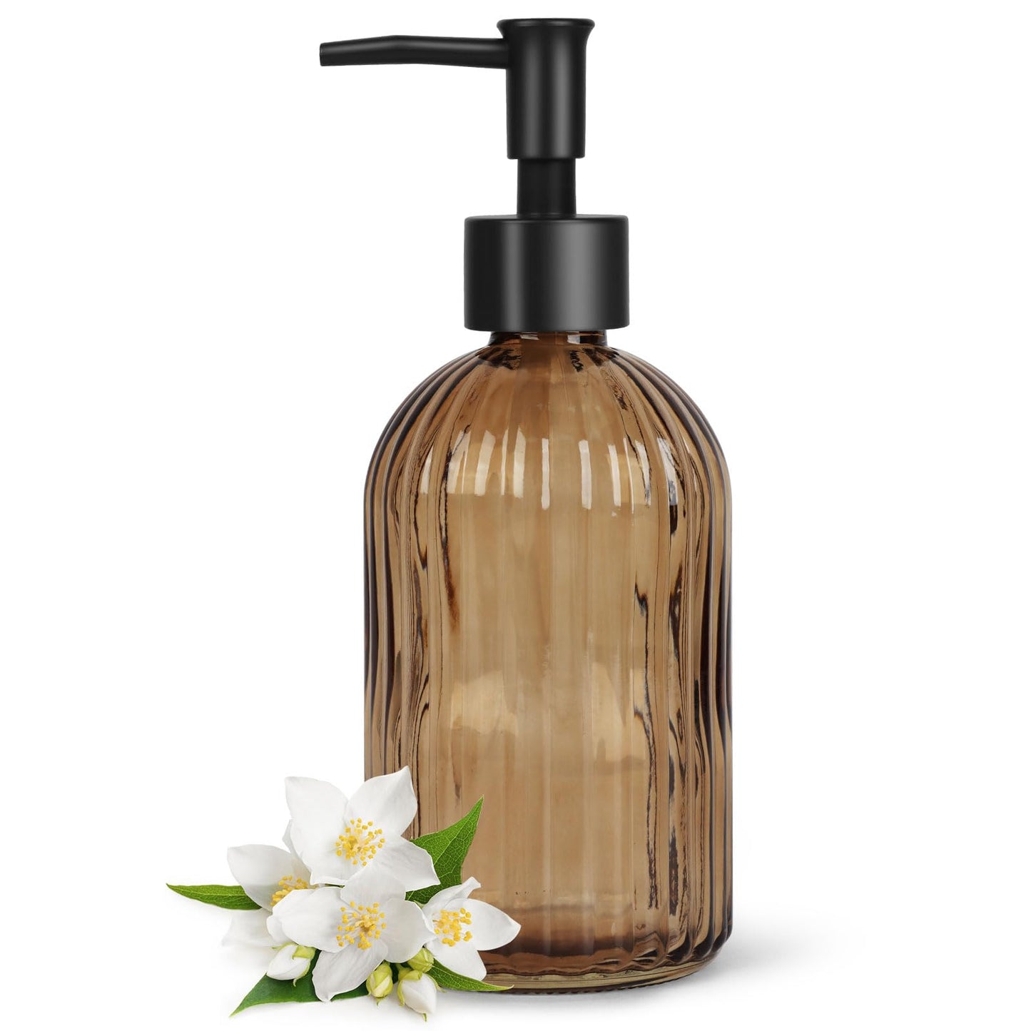 Topsky Glass Soap Dispenser with Black Rustproof Plastic Pump, 400ml Amber
