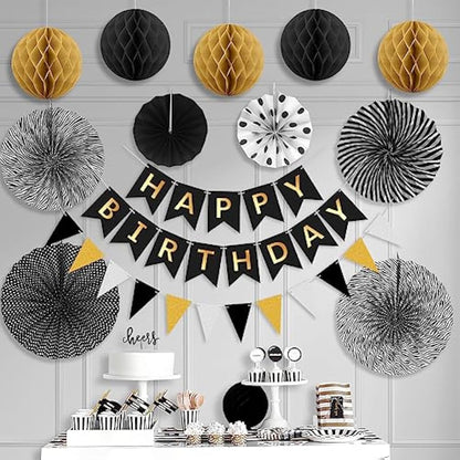 Black Gold Birthday Decorations Kit Reusable Mens Birthday Party Decorations Reusable Black & Gold Banner Bunting Honeycomb by Wonsta