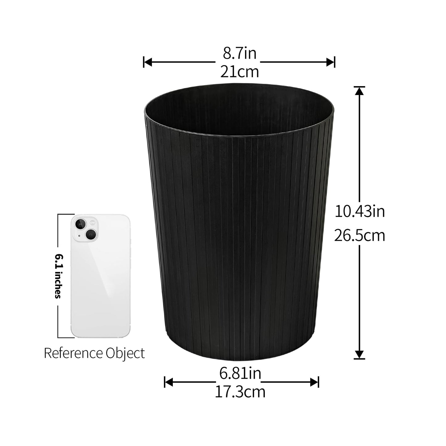 Cetomo 7.2L*3 Plastic Waste Paper Bin, Trash Can, Small Bins, Bedroom Bin, Round Waste Basket with Solid Stripe for Kitchen Rooms, Nesting, Matte