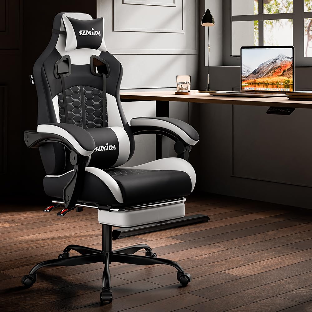 SUKIDA Ergonomic Gaming Chair for Adult, Comfortable Desk Chair with Massage, Comfy Headrest and Lumbar Support Pc Office chairs with Footrest