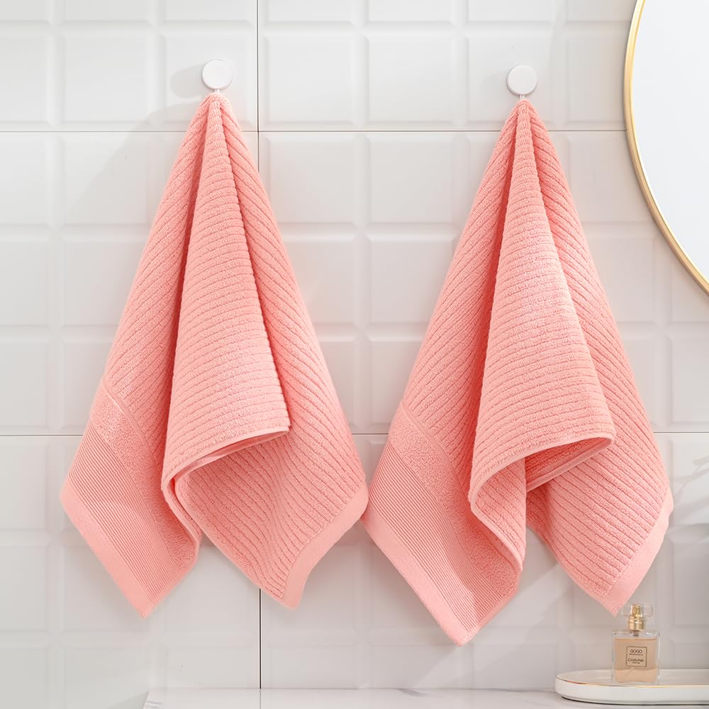 sense gnosis Ribbed Striped Pink Hand Towel Set of 2 Soft and Absorbent 100% Cotton Luxury Bathroom Hand Towel Decorative 13 x 29 Inch