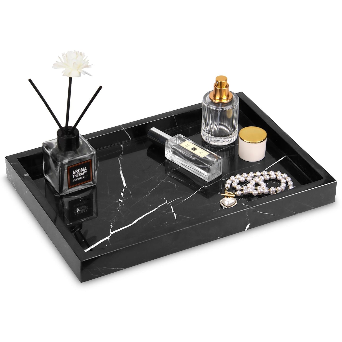 Natural Marble Tray Bathroom Vanity Tray Rectangular Decorative Countertop Dresser Trays for Key Coffee Perfume Jewelry Makeup (Black Marquina, 30 x