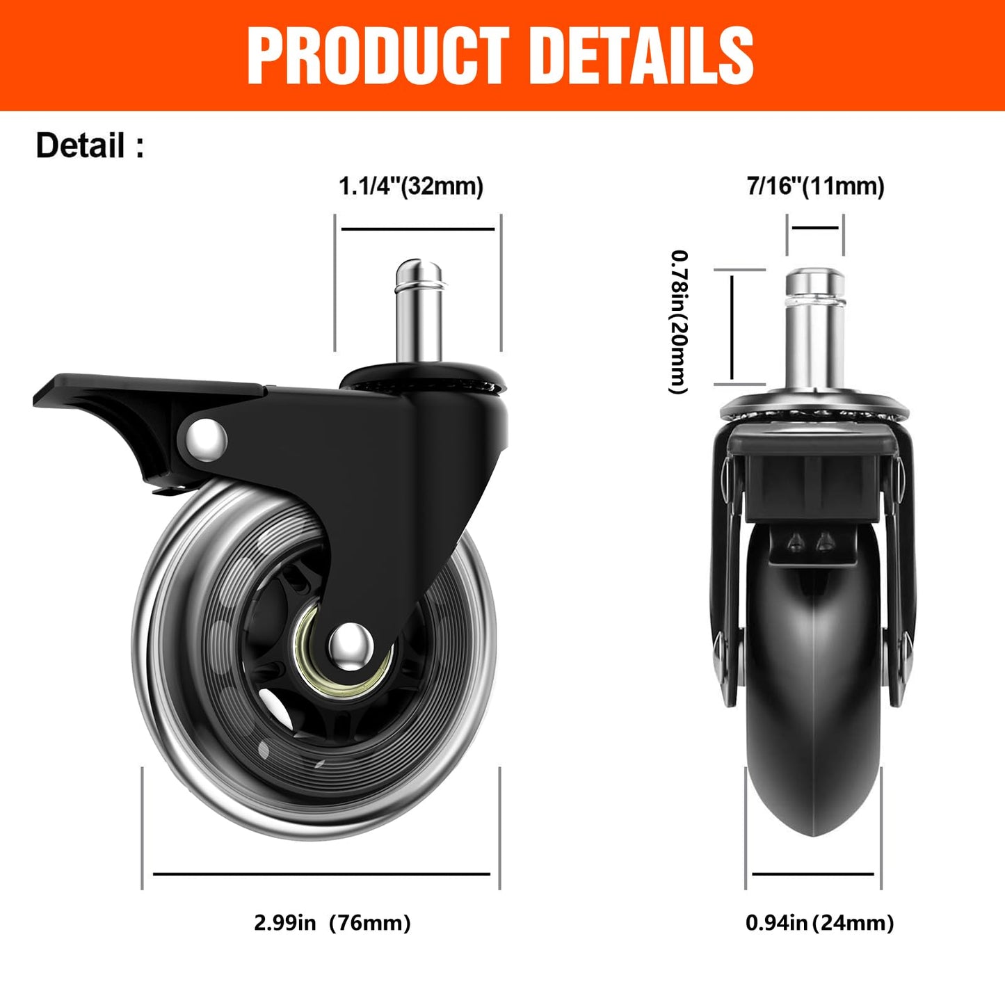 Office Chair Casters with Brake, 3 Inch Universal Casters,Suitable for Carpet and Hardwood Floors, Universal Fits Most Chairs
