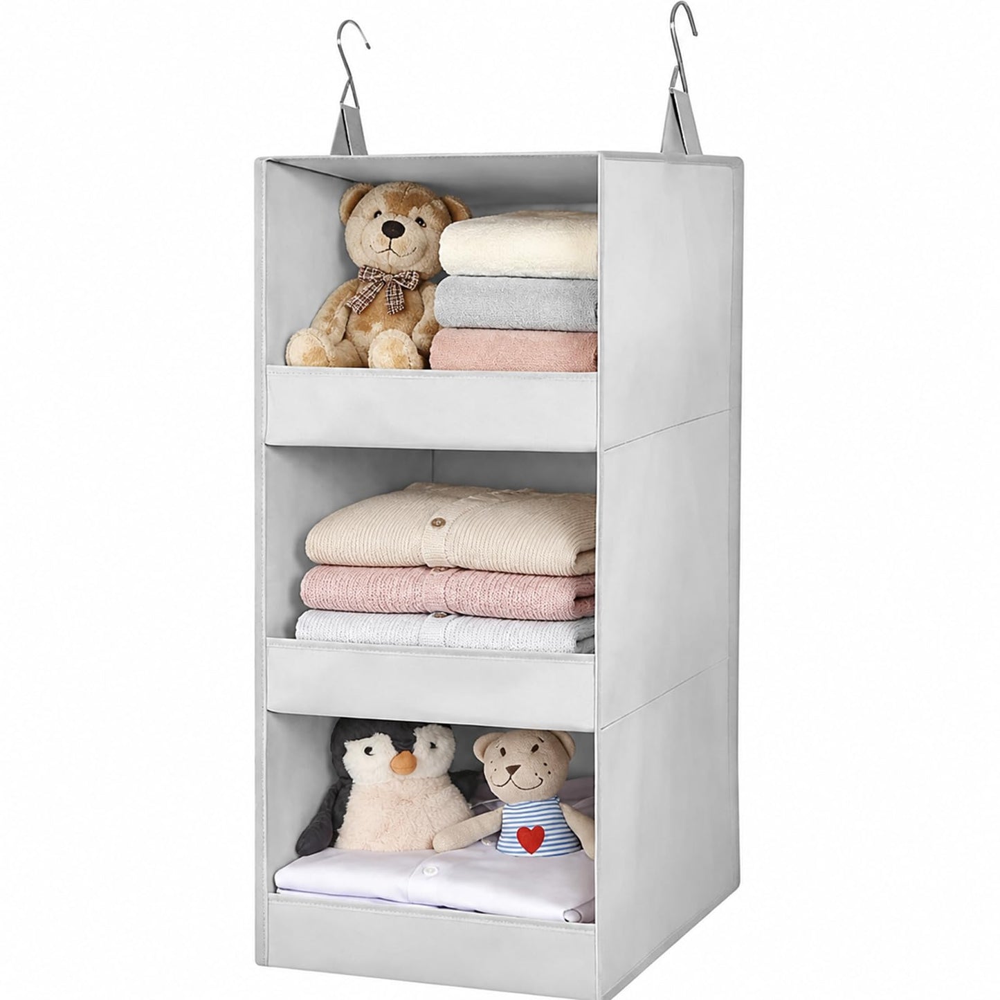 Admygo 3 Shelf Hanging Wardrobe Organiser, Foldable Hanging Storage Shelves for Wardrobe, Clothes Organiser with Metal Hooks