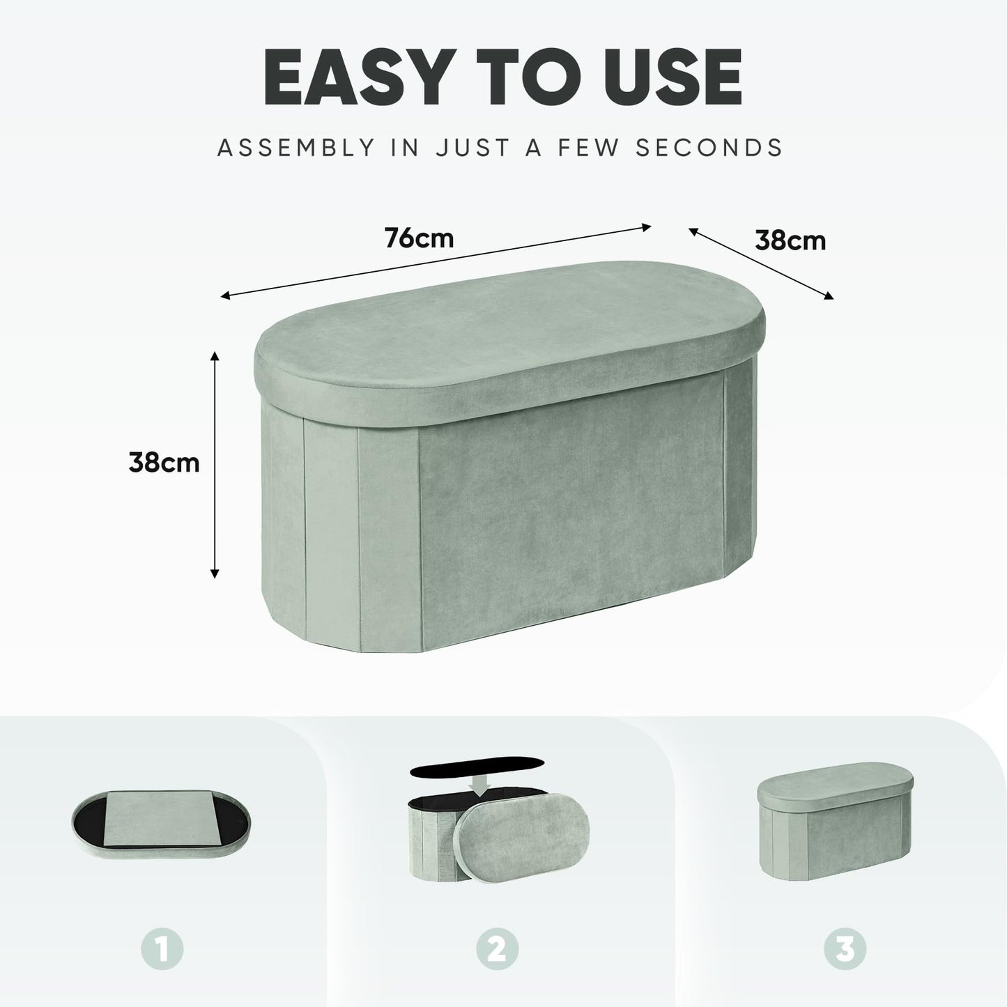 Bonlife Velvet Ottoman Storage Bench, Foldable Storage Chest with Lid,Oval Footstool for Living Room Bedroom Hallway, 76x38x38cm, Sage