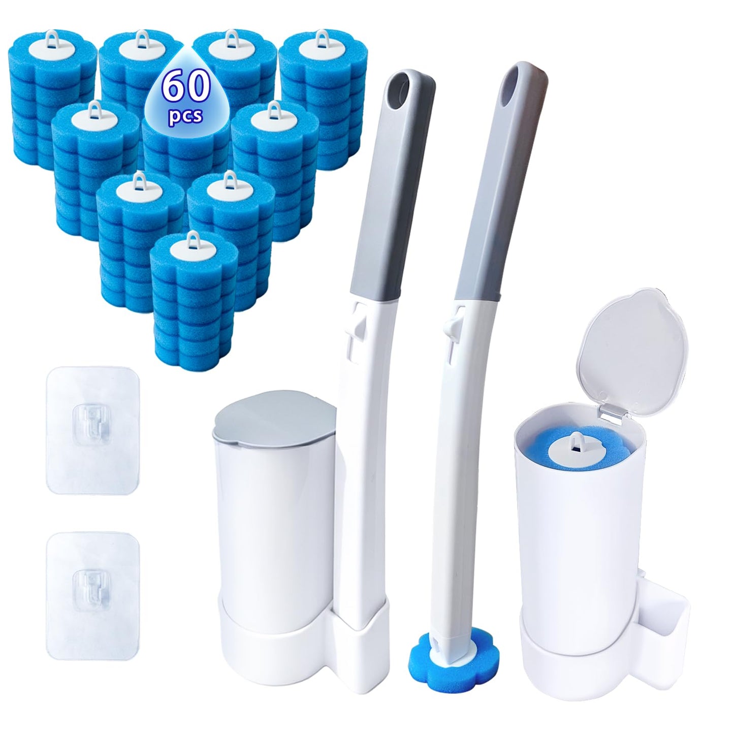 Disposable Toilet Brush Set, 2 Pack Toilet Brushes and Holders with 60 Cleaner Refills
