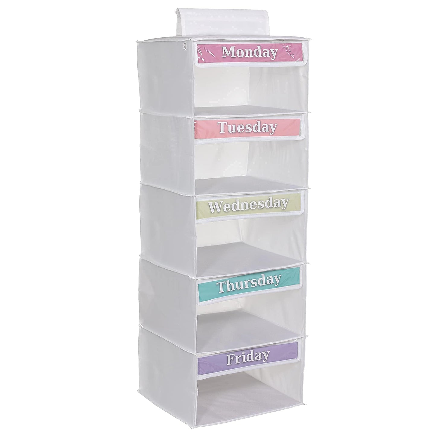 Three Sweet Peas Co 5-Shelf Weekly Clothes Organizer for Kids (33”) Weekday I School Day of The Week Monday Through Friday Organizer, White