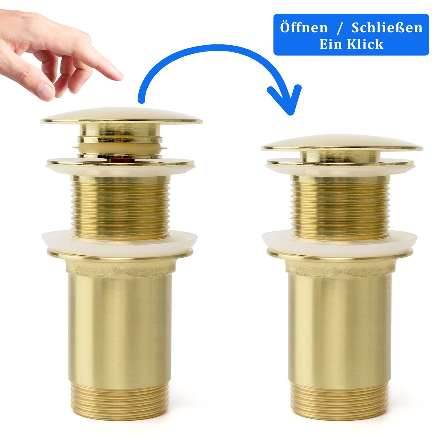 Universal drain fitting without overflow, pop-up drain plug made of solid brass for sink and washbasin, tool-free installation