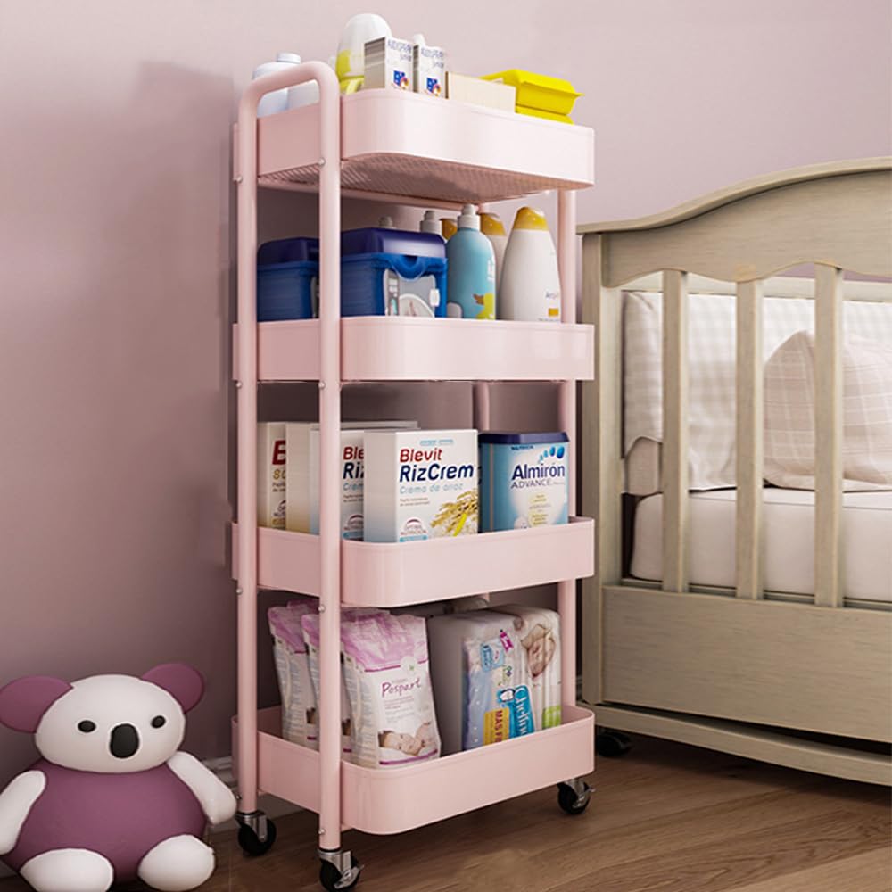 4-Tier Storage Rolling Cart Trolley Metal Mobile Shelving Organiser with 360° Swivel Wheels for Kitchen, Bedroom