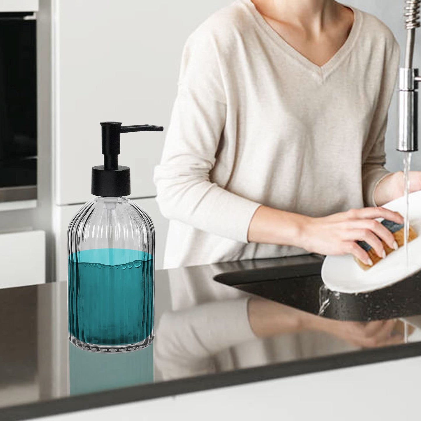 Ulable 2 Pack Glass Soap Dispensers 400 ML/14Oz, Pump Bottle Dispenser Grey
