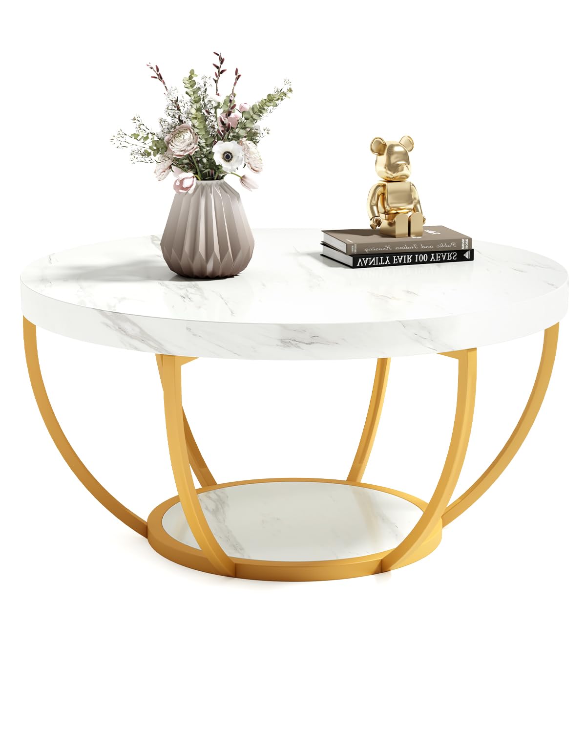 LITTLE TREE Round Coffee Table, 32" Circle Faux Marble Coffee Tables for Living Room