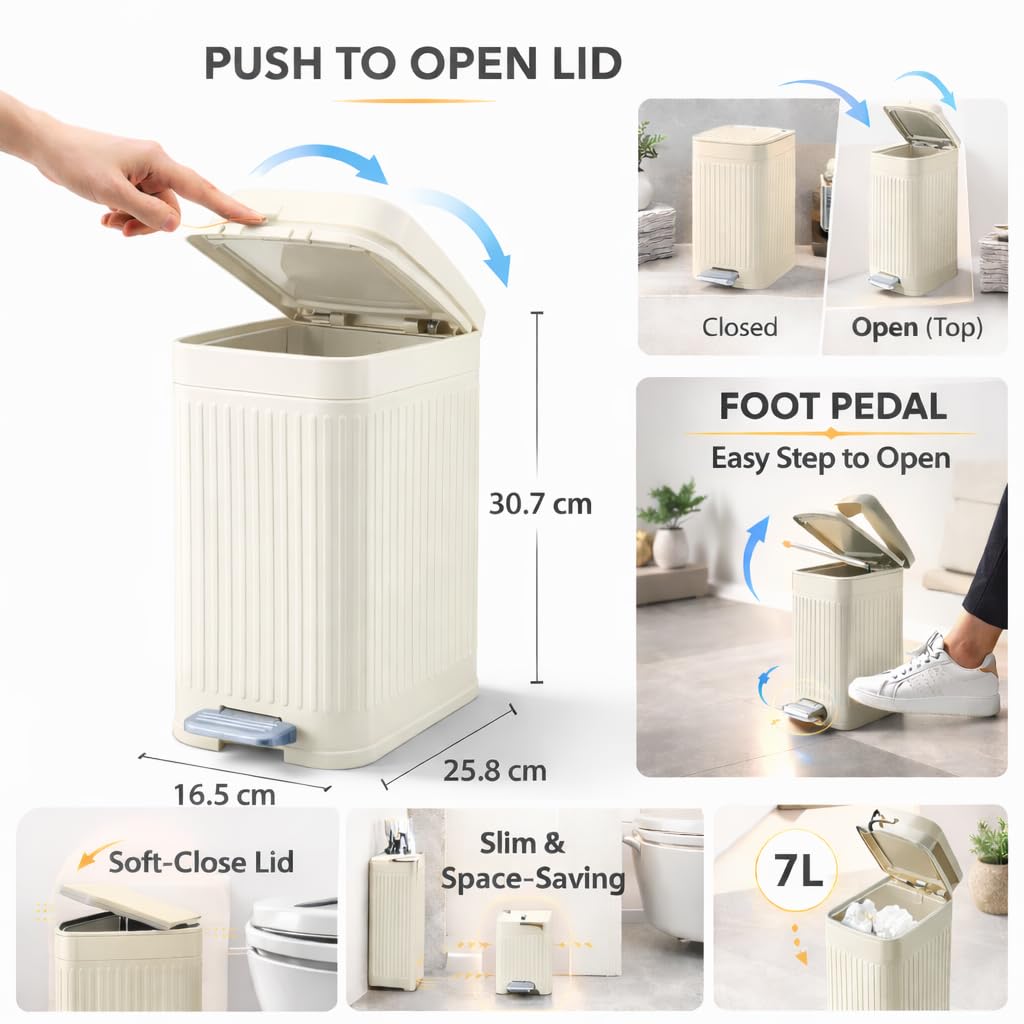 Modovo 7L Slim Pedal Waste Bin – Modern Narrow Plastic Dustbin with Soft Press Lid & Foot Pedal