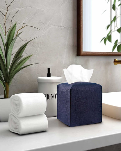 Leather Tissue Box Cover Square – JESMINI, Navy Blue Modern PU Leather Tissues Cube Box Holder Decorative for Bathroom Vanity Countertop/Night