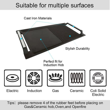 COVERCOOK Griddle Pan, Cast Iron Grill Pan, Rectangular Grill, 2 Handles,Griddle with Flat and Ridged Surface for Induction Hob Open Fire Oven