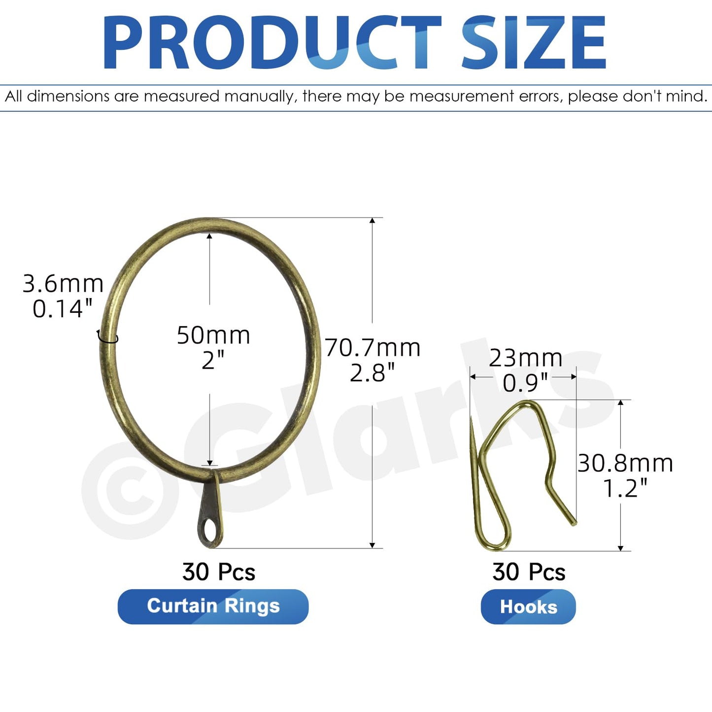 Glarks 30 Sets 50mm/2inch Verdigris Metal Drapery Curtain Hanging Rings Set, includes 30pcs Curtain Rings and 30pcs Drapery Pin Hooks