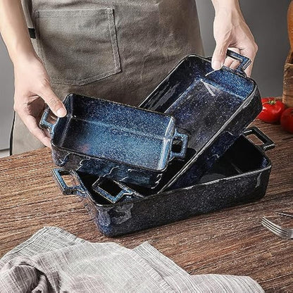 VICRAYS Ceramic Bakeware Set, Porcelain Rectangular Baking Dish, Baking Pan Lasagna Pans Casserole Dish Set for Cooking, Kitchen, Cake Dinner, Banquet and Daily Use, 3 PCS, 15 x 8.5 Inches(Blue)