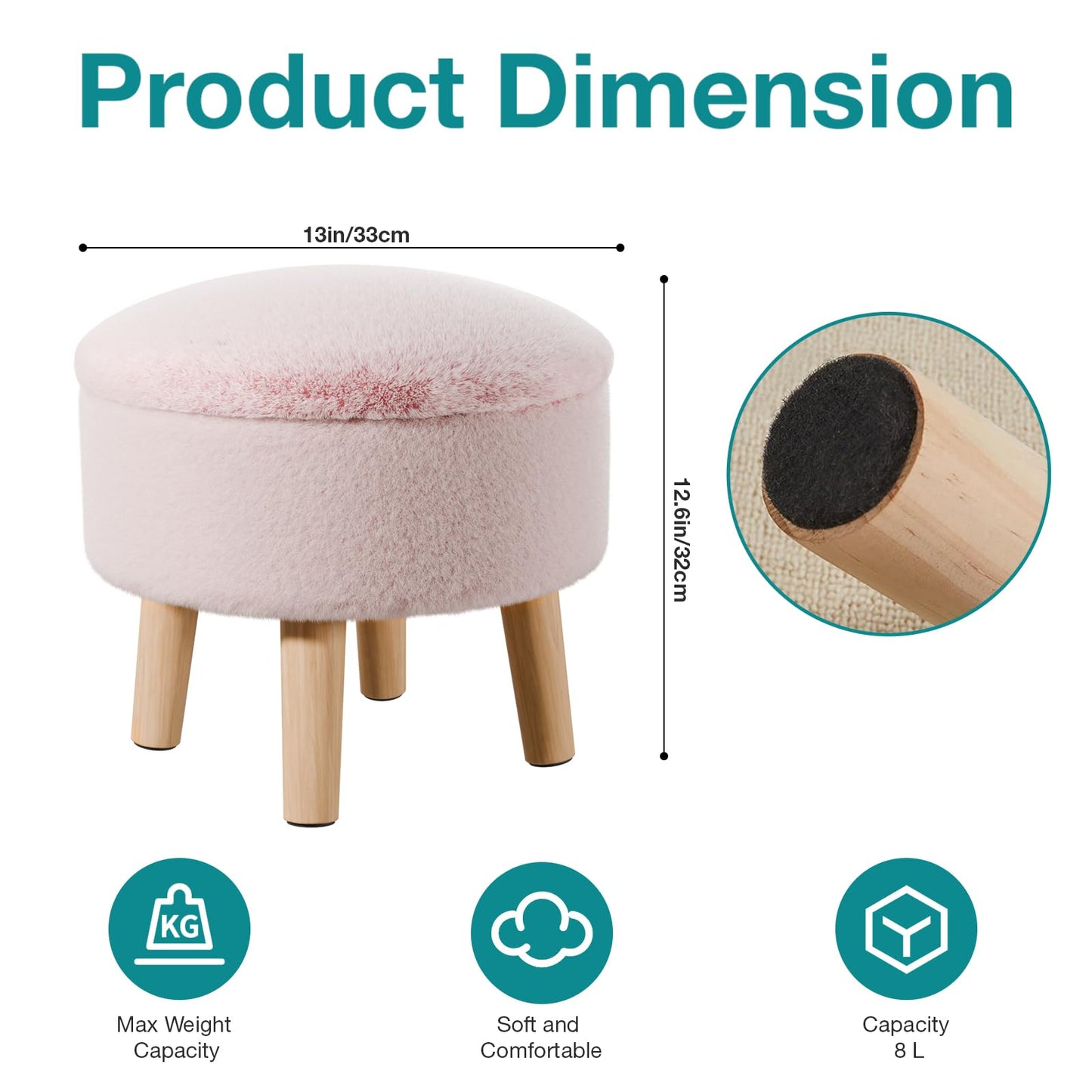 BRIAN & DANY Footstool with Storage, Small Storage Ottoman, Faux Fur Round Stool with Lid, Foot Stool with Legs for Living Room Entryway, Pink