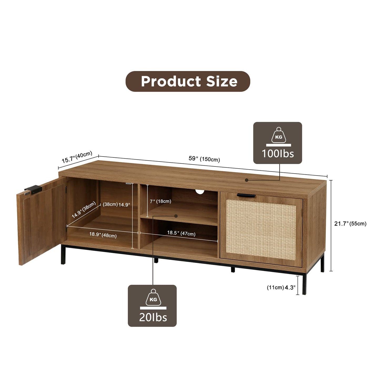 Skokliz TV Unit, TV Stand Cabinet for TVs up to 65 inch, Boho TV Console with 2 Rattan Door Storage, 150cm Long TV Cabinets for Living Room, Bedroom