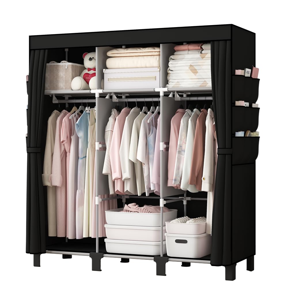 dongliangqinying Portable Fabric Wardrobe, 130x45x170cm Foldable Closet with 3 Hanging Areas and 18 Side Pockets