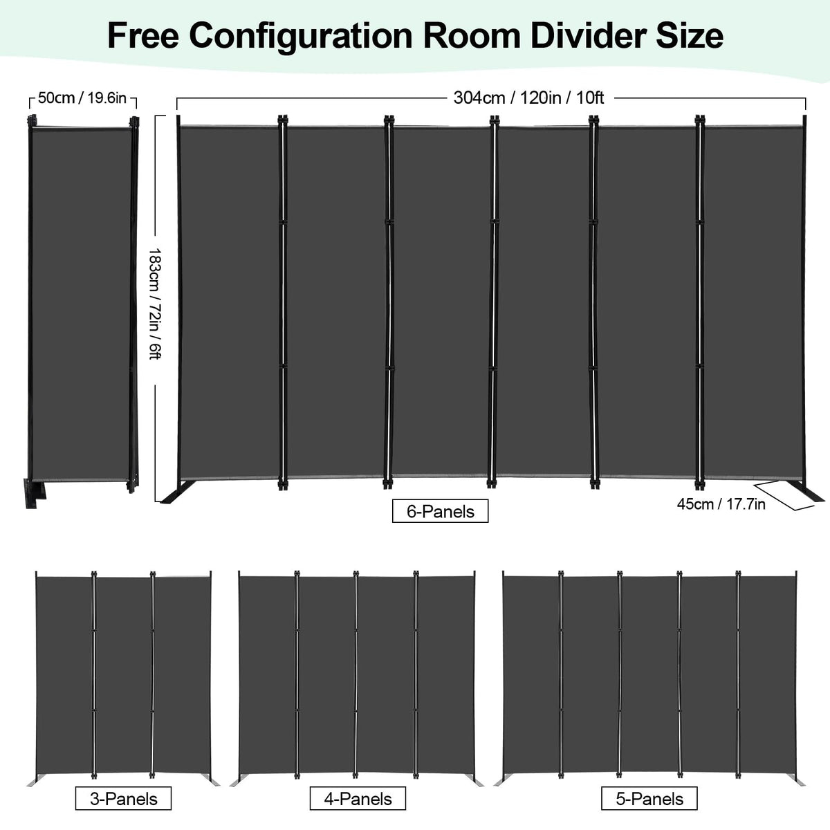KEORTUN 6-Panel Room Dividers and Folding Privacy Screens 304W x183H cm Office Partition Freestanding Divider for Home Office, Grey