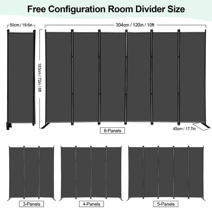 KEORTUN 6-Panel Room Dividers and Folding Privacy Screens 304W x183H cm Office Partition Freestanding Divider for Home Office, Grey
