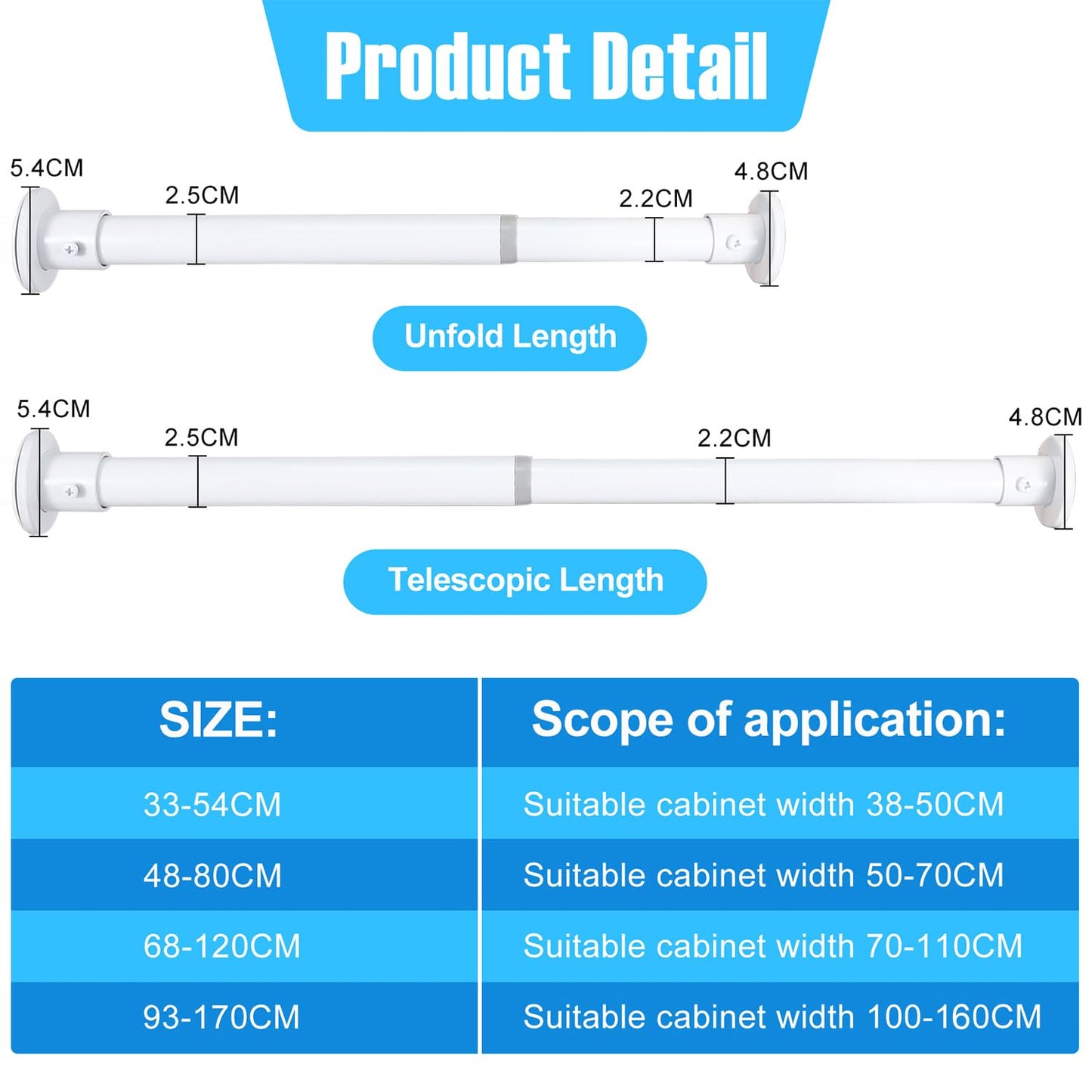 Wardlock 93cm-170cm White Extendable Stainless Steel Wardrobe Rail, Adjustable Clothes Rail Pole With End Sockets.