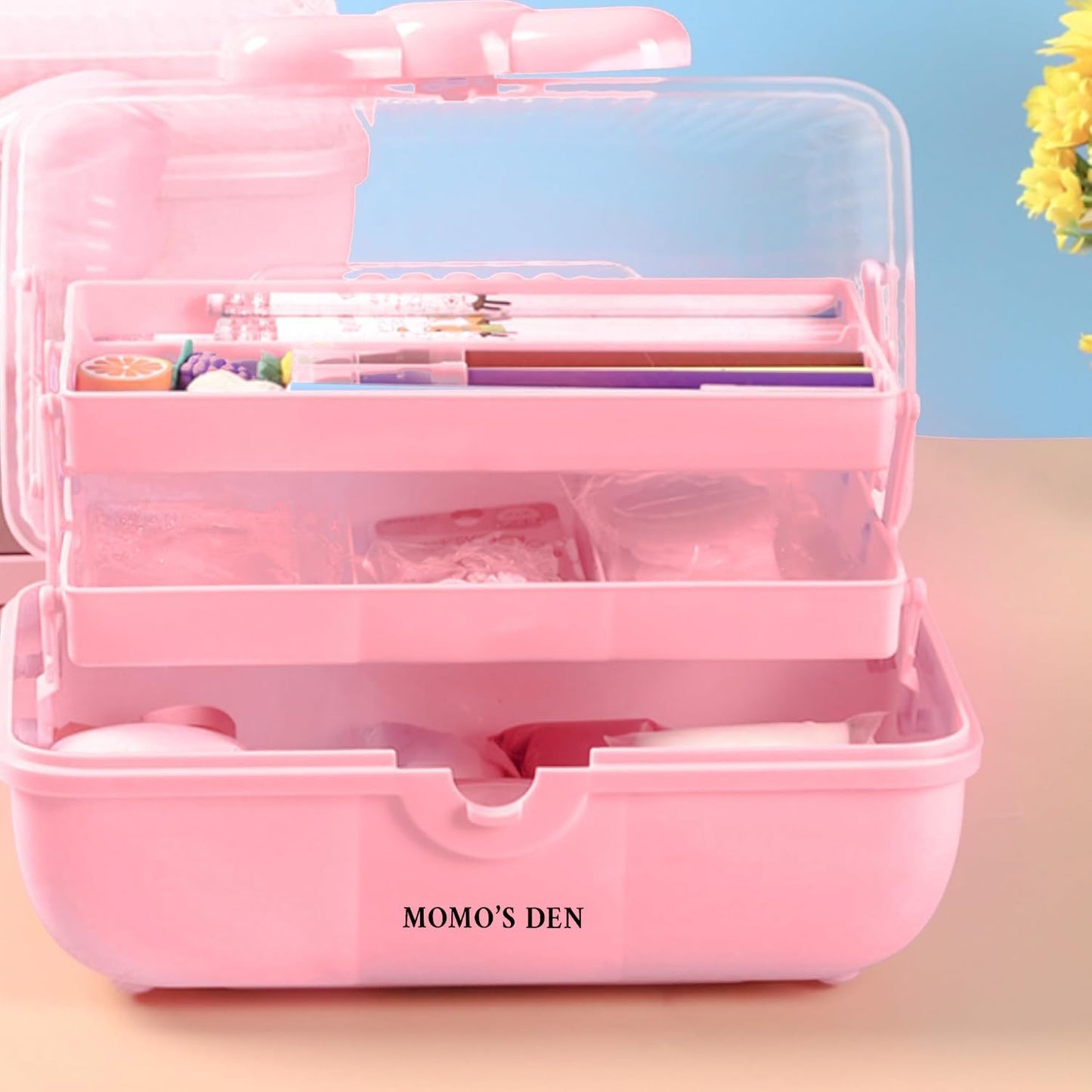 Momo's Den" 3-Layer Craft Storage Box with Handle – Multipurpose Organizer with Compartments for Crafts, Cosmetics, Sewing, Medicine & More