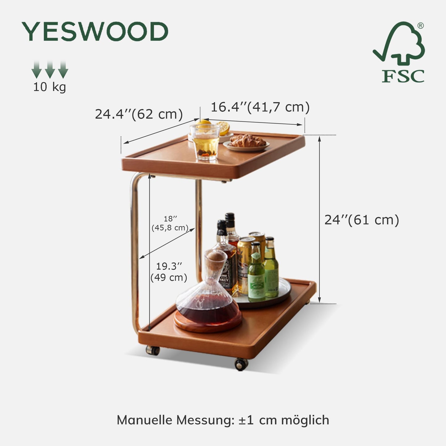 YESWOOD Solid Wood Side Table with Wheels, C Shaped Rolling End Table