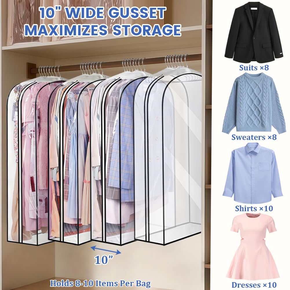 AMFUN Garment Bags, 4PCS Full Clear Dustproof Garment Bags, Moth Proof Clothes Covers with Zip, Waterproof Suit Storage Bags for Coats, Jackets