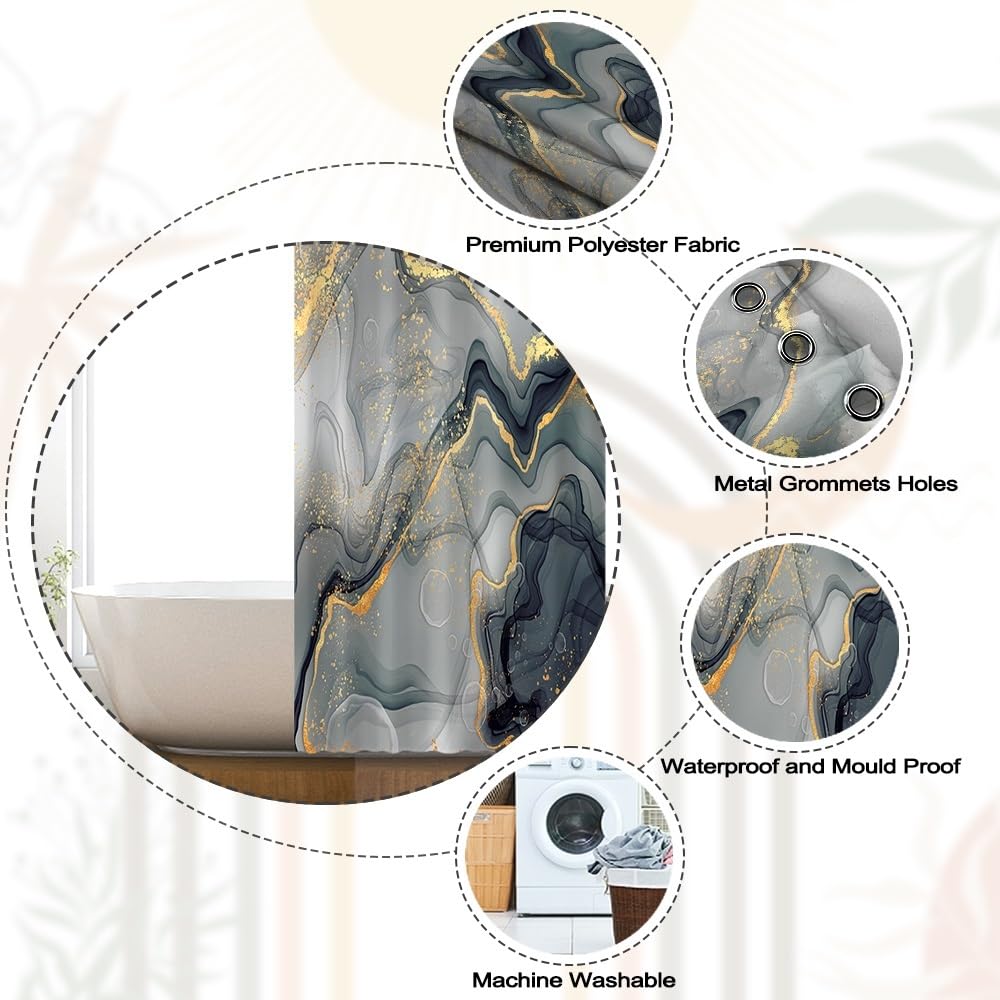 Xiaoterna 90x180cm Marble Shower Curtain Black Grey Gold Dots Waterproof Polyester Bathroom Curtain Luxury Modern Aesthetic Artistic Machine Washable