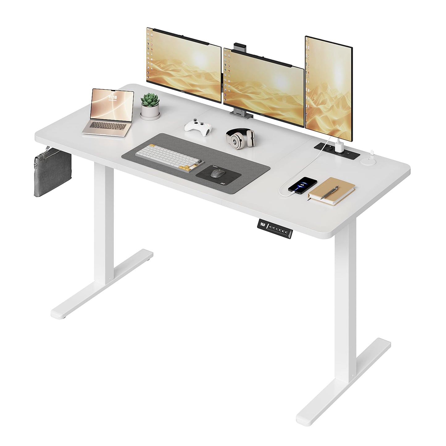 JUMMICO Standing Desk with Power Outlet 140 x 60 cm, Electric Height Adjustable Desk with 4 Memory Function, Sit-Stand Office Desk