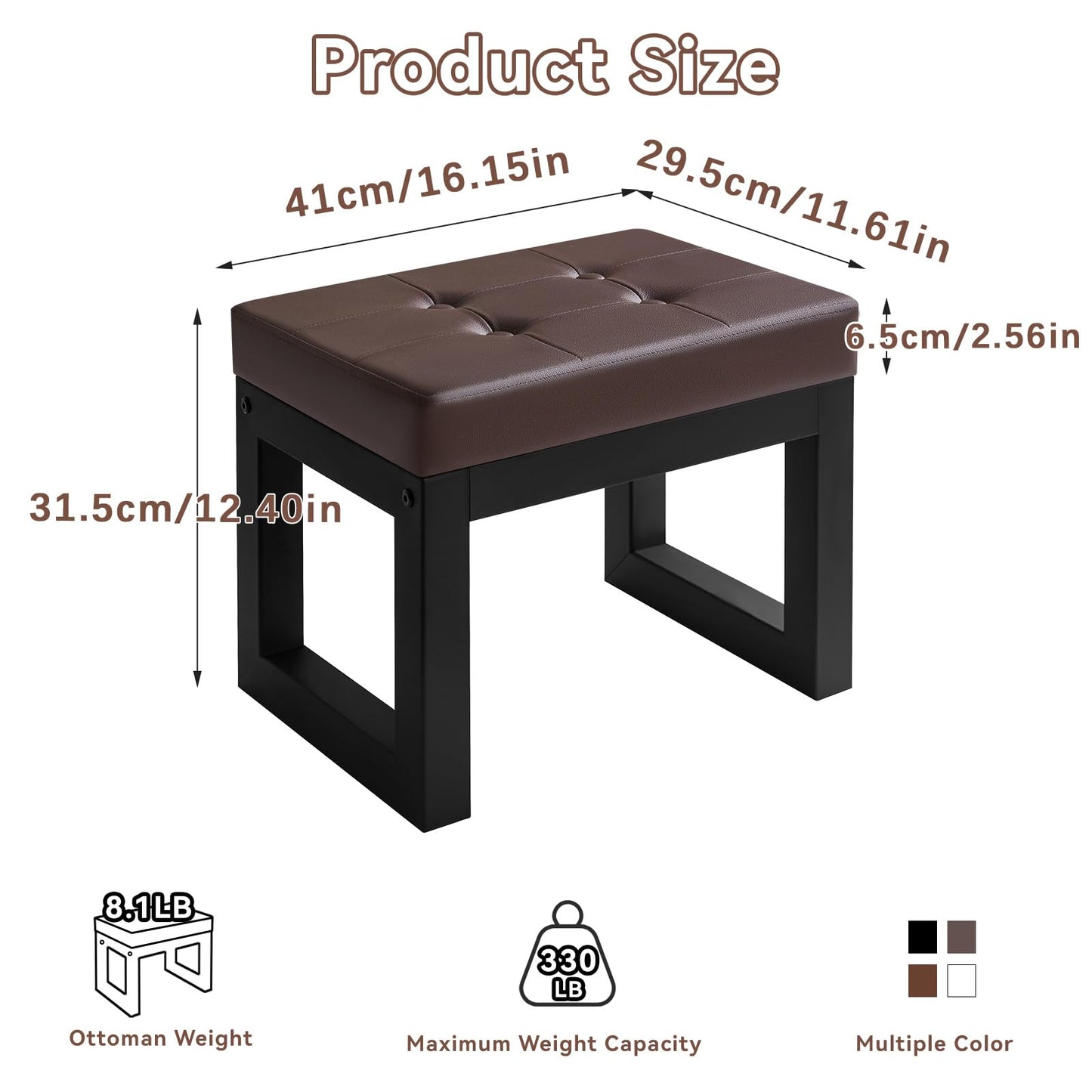 IBUYKE 16 Inch Small Foot Stool Ottoman, Rectangle PU Faux Leather Foot Rest with Padded Seat and Metal Legs