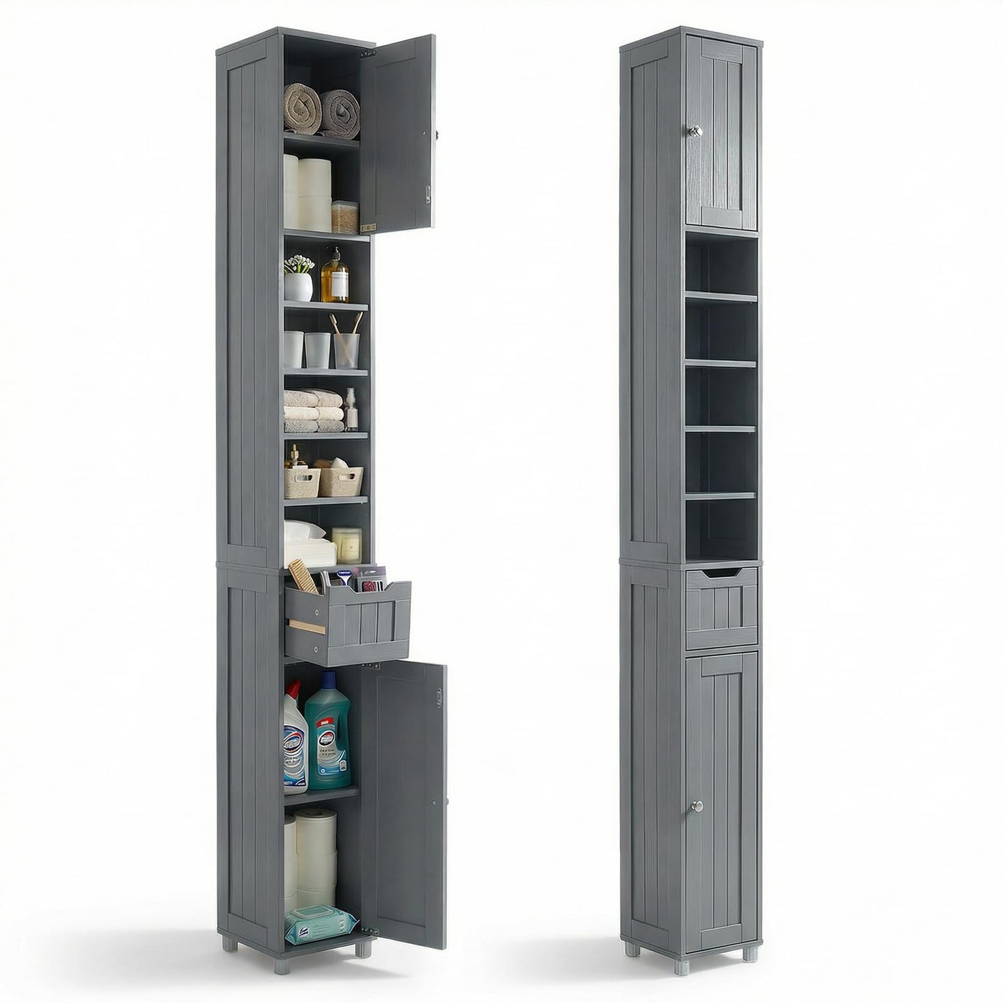 VOUNOT Tall Bathroom Cabinet Freestanding Storage Cabinet with Adjustable Shelf, 1 Drawer and 2 Doors Wooden Cupboard for Bedroom Living Room Kitchen