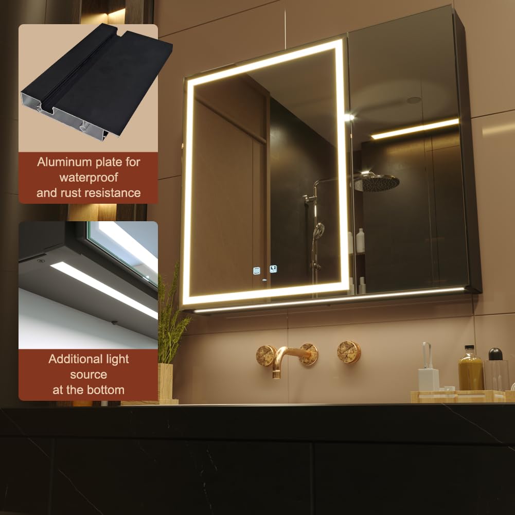 KWW 75 x 70 cm Two Doors Aluminum LED Bathroom Medicine Cabinet with Mirror