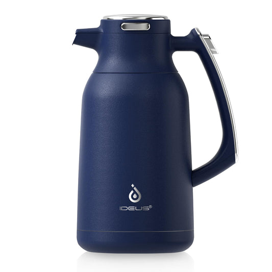 IDEUS Vacuum Insulated Coffee Carafe, 68 oz (2 Liters) Stainless Steel Milk Jug Thermal Tea Pot Hot & Cold Water Beverage Dispenser (Blue)