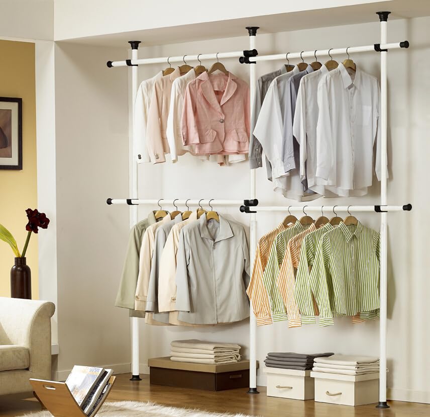 House of Home Heavy Duty Double Telescopic Clothes Rail - Rail Wardrobe Replacement - Adjustable Shelving Rack - Clothes Storage & Organiser for