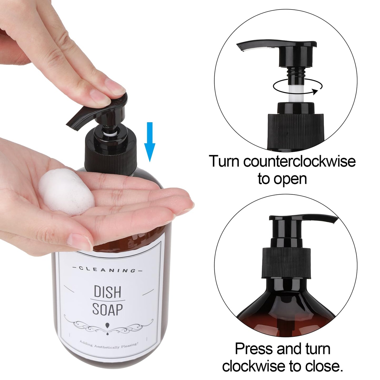 KroY PecoeD 4-Piece Pump Dispenser Set, 500ml Empty Plastic Soap Dispenser with Labels, Refillable Shampoo & Conditioner Bottles with Pump for Lotion