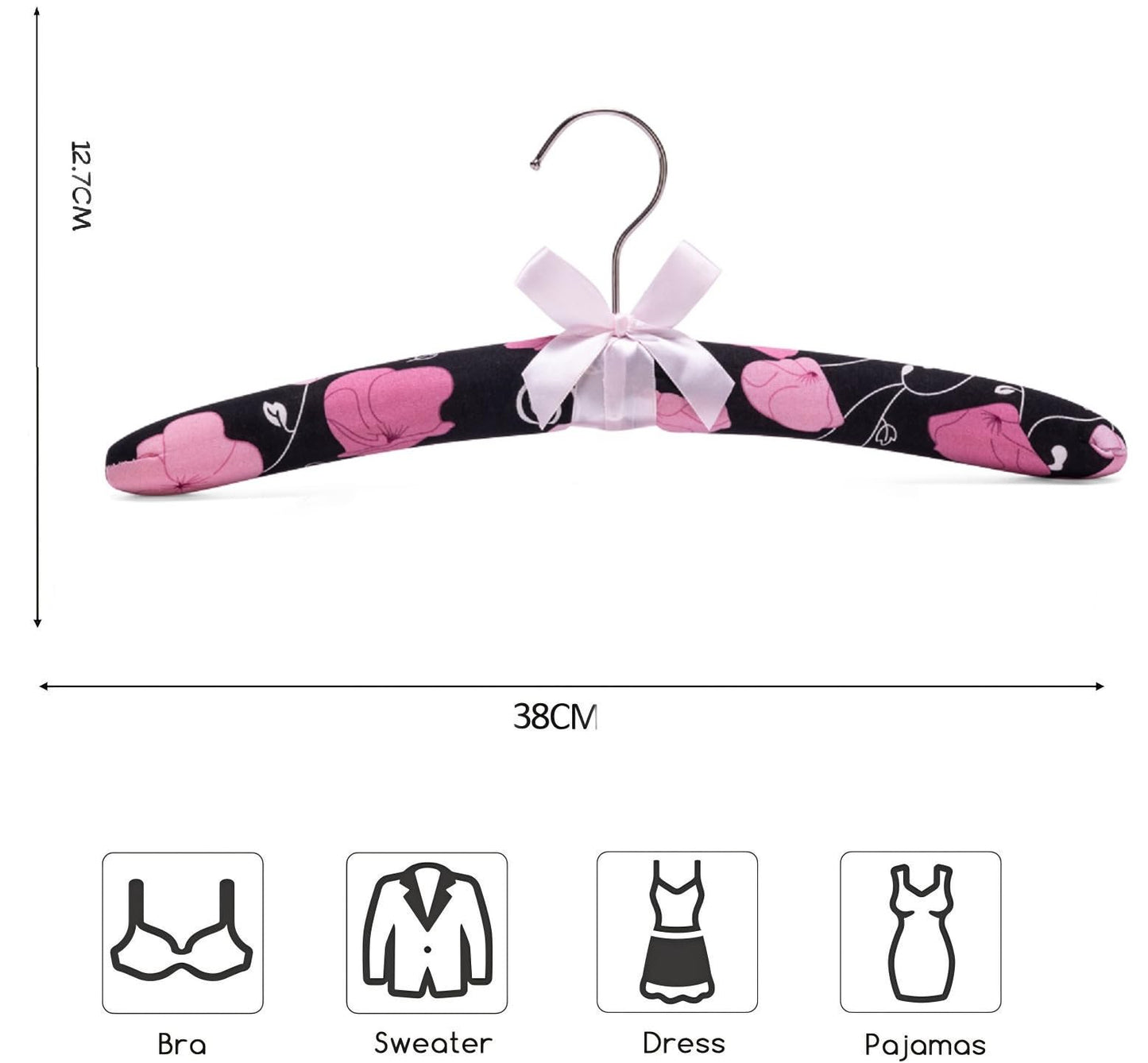 Imergo 38CM Floral Padded Clothes Hangers for Women, No Shoulder Bump Hangers for Adult, Padded Clothes Hangers for Women Sweaters, Dresses, Suits