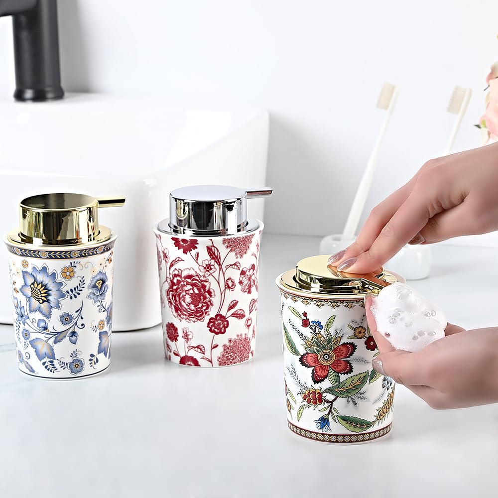Floral Foam Soap Dispenser, Vintage Ceramic Hand Soap Pump(Style F)