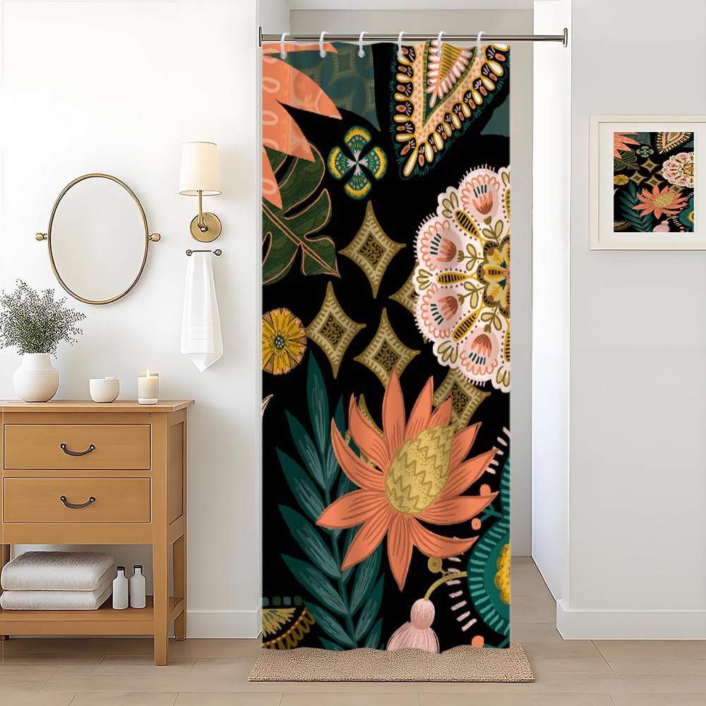 Uiiooazy Boho Stall Shower Curtain, Floral Green Leaves Bohemian Tropical Bath Curtain Anti Mildew Waterproof Polyester Fabric Opaque Washable Shower