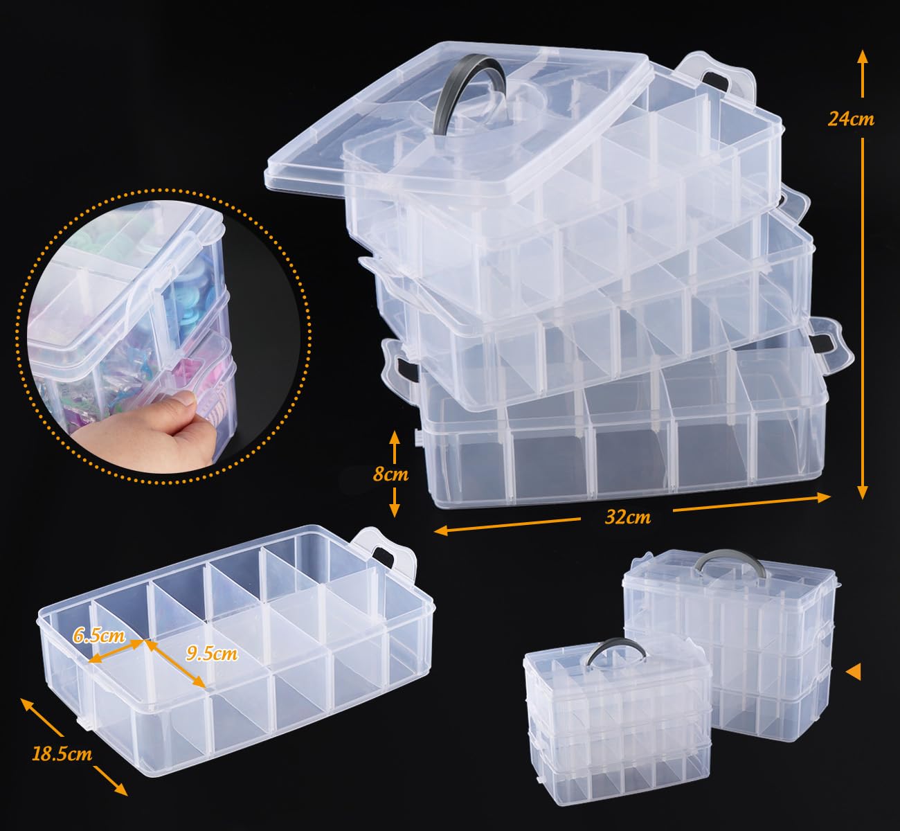 Anstore Craft Storage Box with Removable Compartments, 3-Tier 30 Sections Transparent Stackable Box Organiser with Lid