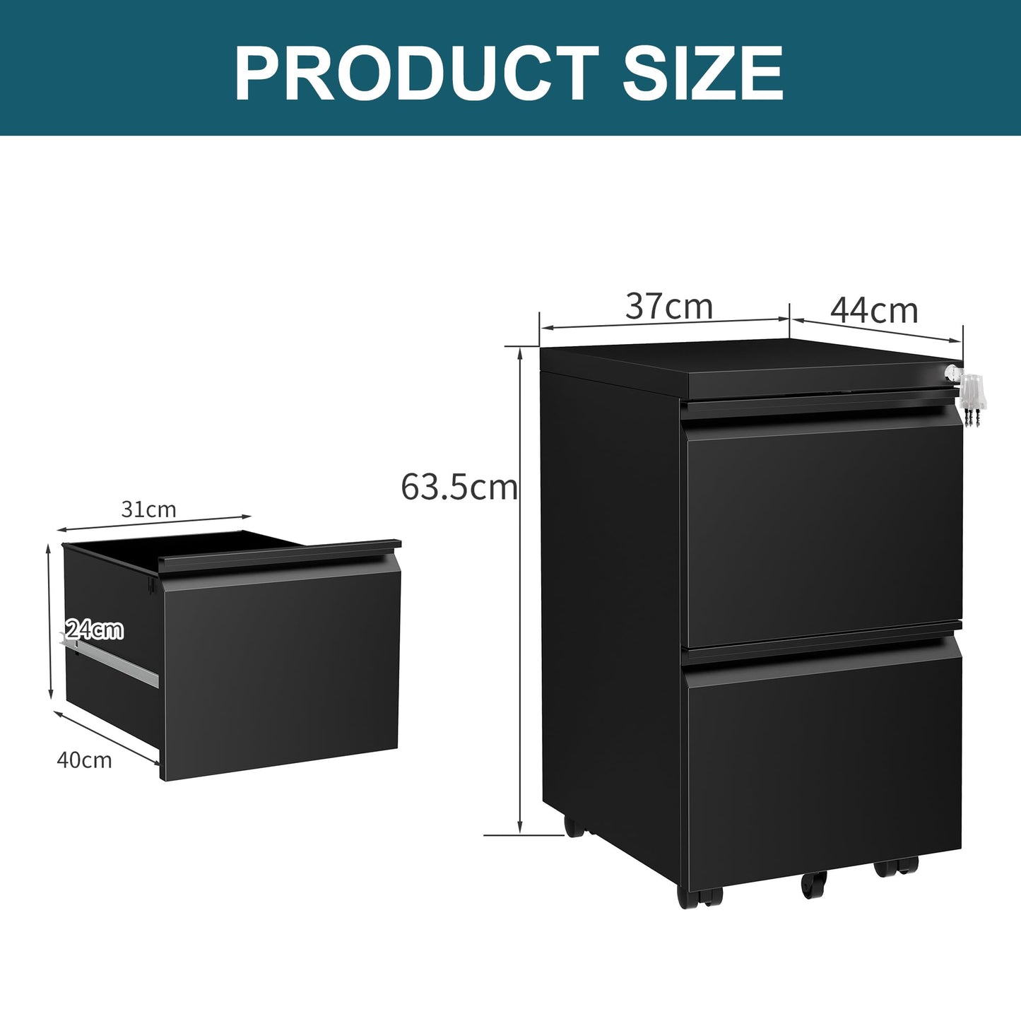 LVSTEEL Mobile Filing Cabinet, Lockable 2 Drawers with Suspension File Hanging Rails, With 4 Keys