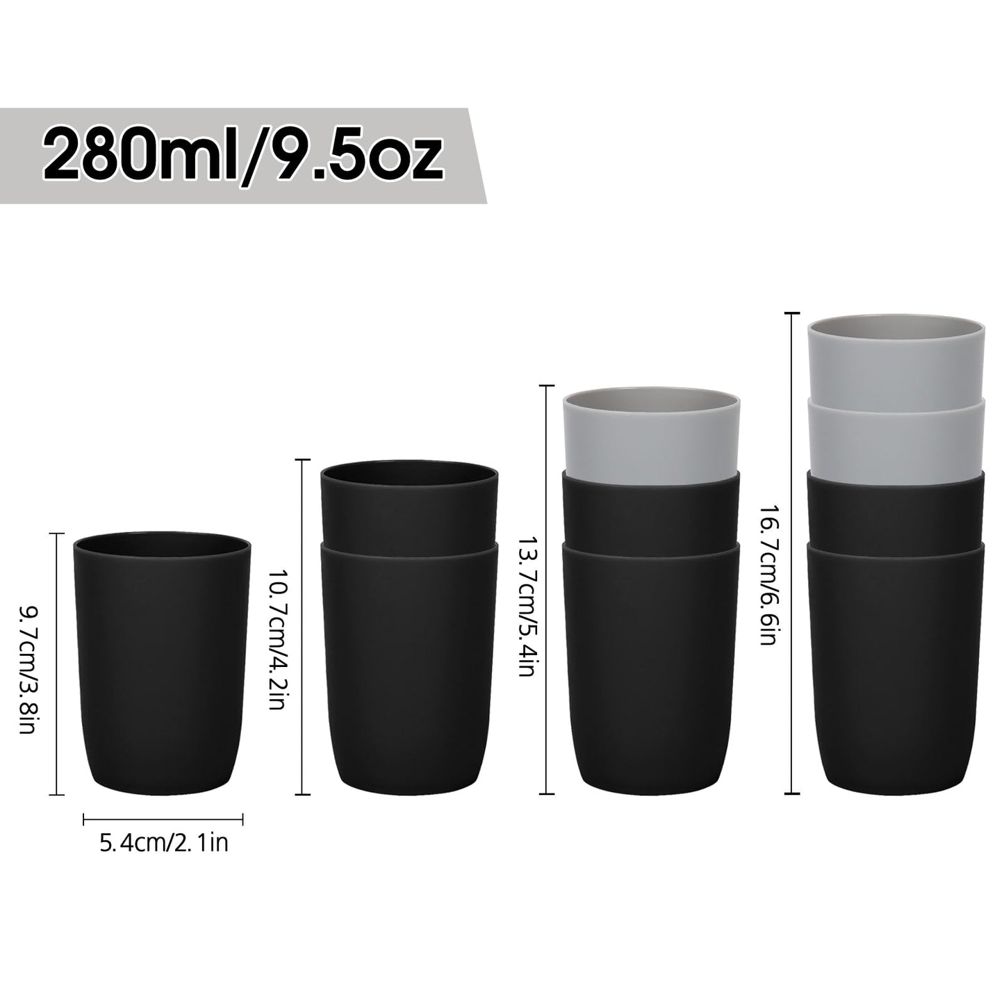 Qulable Plastic Cups Reusable Unbreakable Tumblers, Set of 4 Travel Mugs, Mouthwash Bathroom Cup Stackable, Plastic Water Cup 280ml for Adults Kids