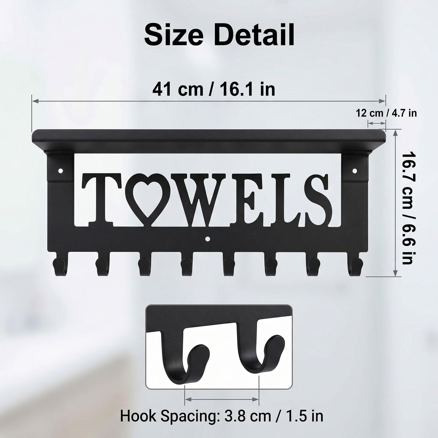 Raoletin Metal Hot Tub Towel Rack Wall Mounted Towel Holder with Shelf and 8 Towels Hooks for Bathrooms