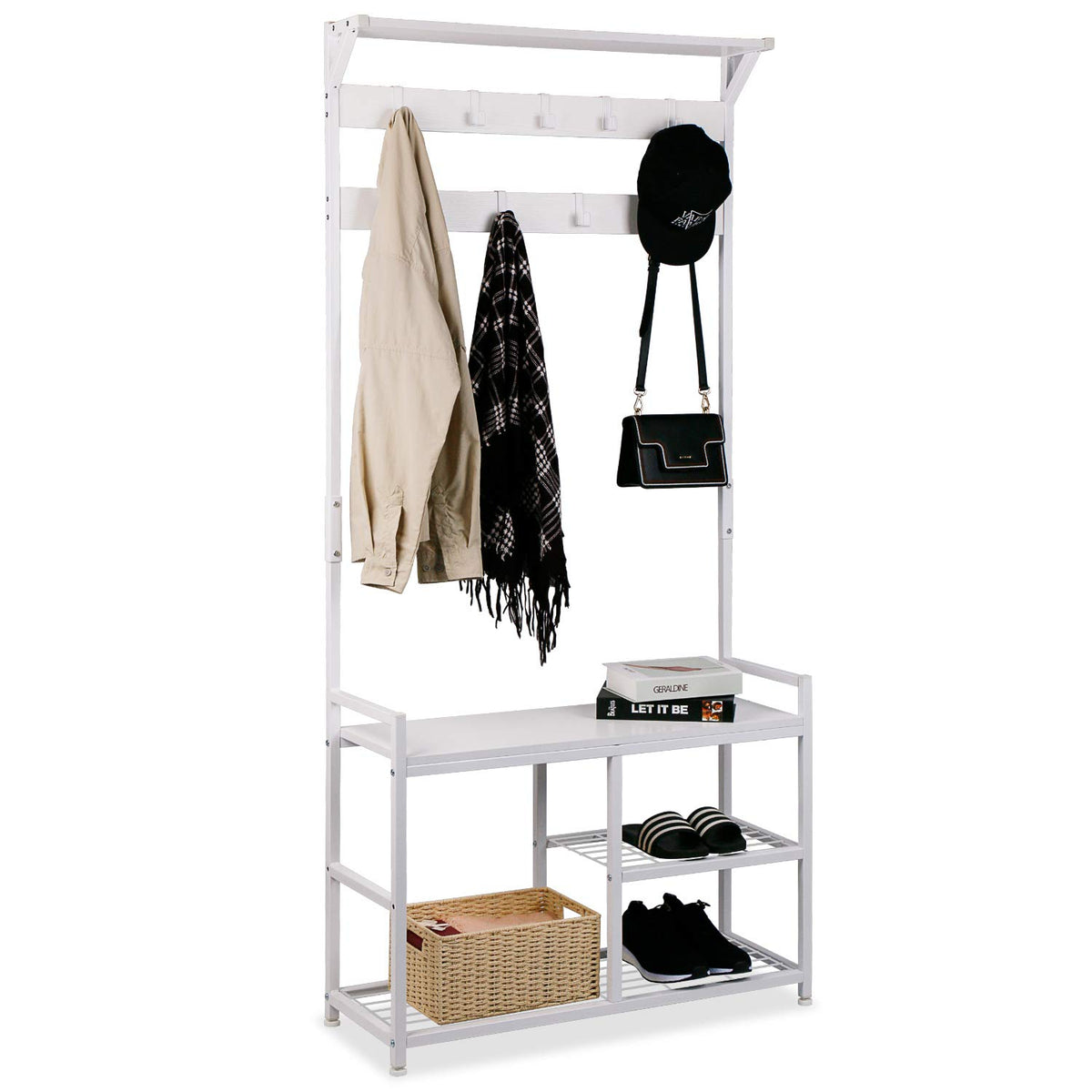 Industrial Coat Rack Freestanding Hall Tree 33"x12"x71.5" White