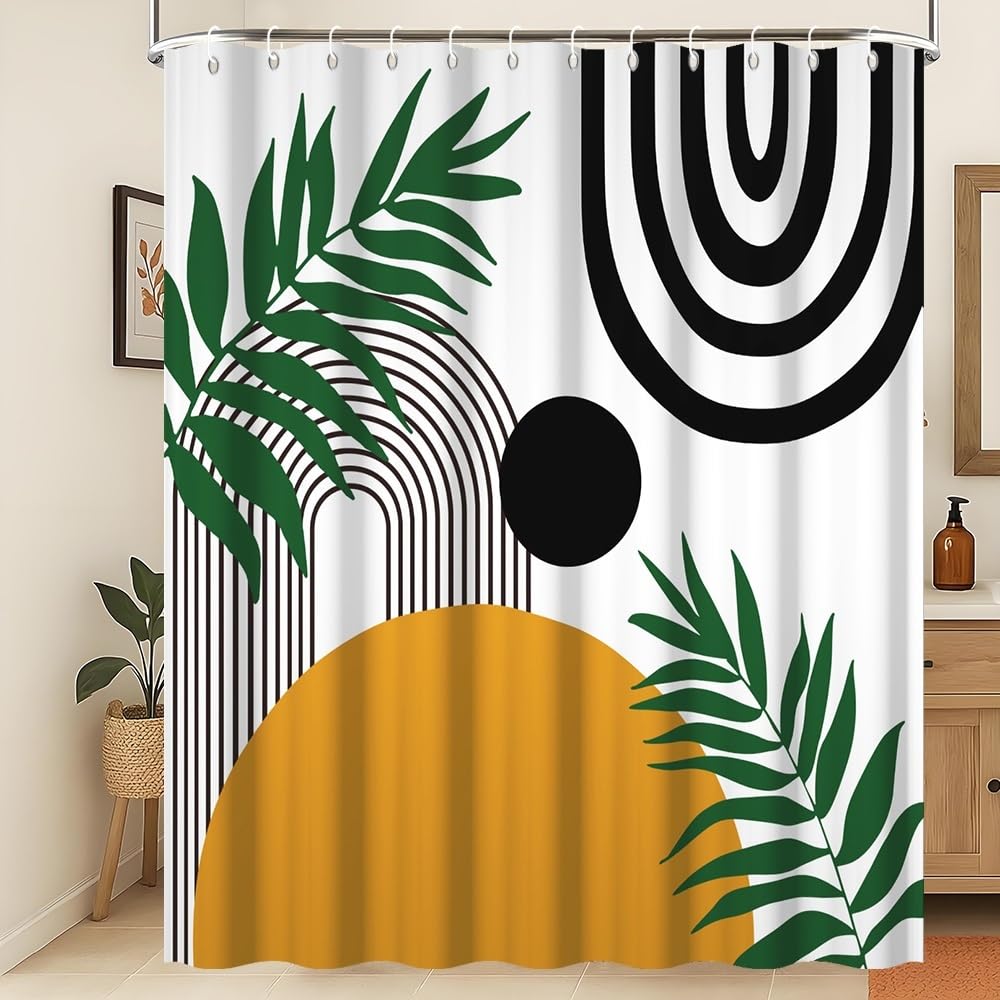 Xiaoterna Boho Shower Curtain Rustic Black Arch Lines Green Leaves Bathroom Curtain Retro Abstract Sun Leaves Lines White Waterproof Machine Washable