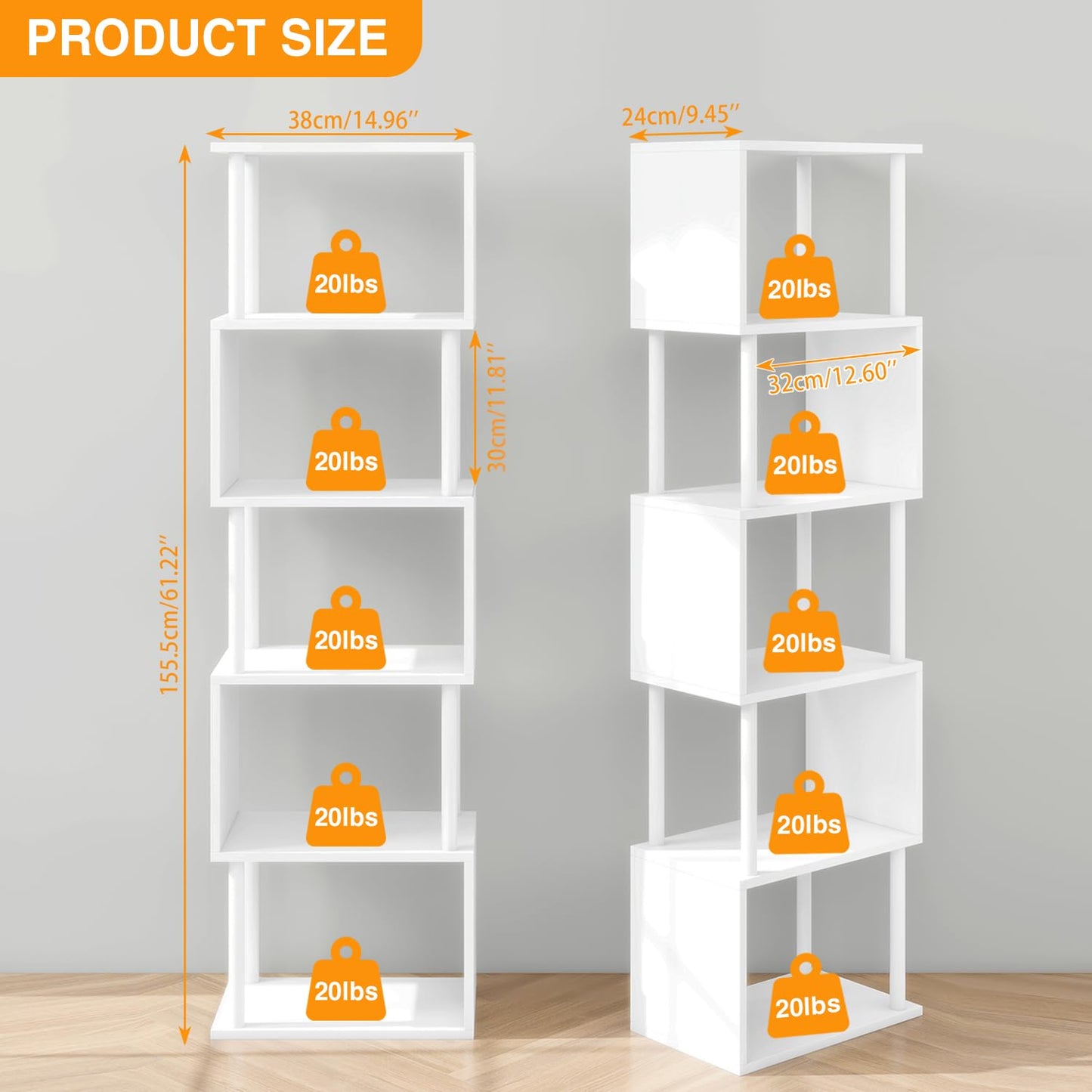 IBUYKE 6-Tier Tall Bookshelf,S-Shaped Geometric Bookcase,White WBC016W