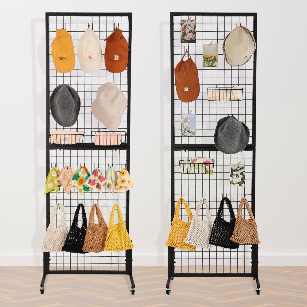 HIDODO Freestanding Grid Wall Panel Standing Wire Grid Display Rack with T-Base Wheels, Gridwall Panel Tower for Shows, Black (2 Pack)