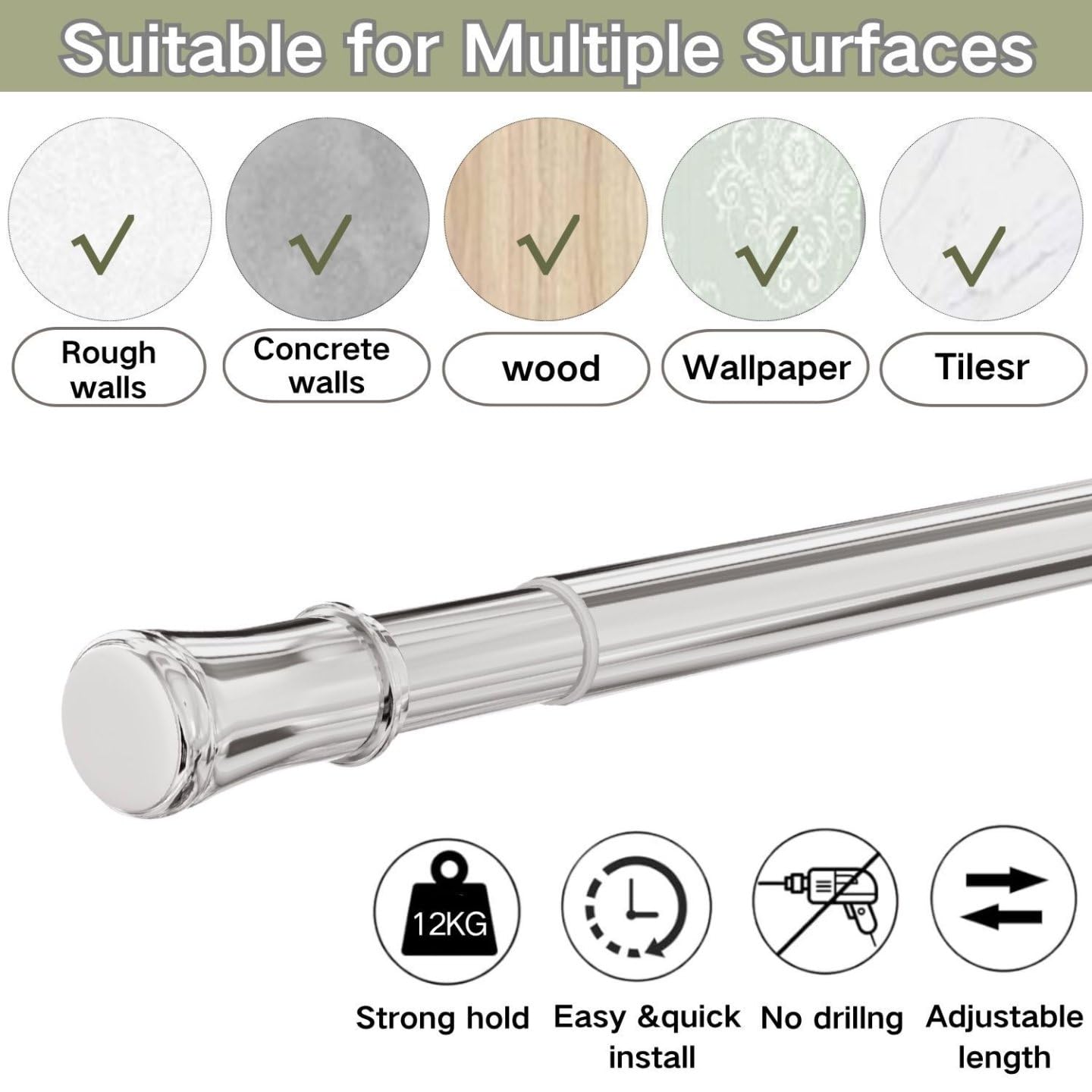 Shower Curtain Rail Extendable Curtain Pole, Metal Tension Rod Anti-Slip Telescopic Curtain Rod Easy Fitting for Bathroom, Closet, Kitchen, 85-180 cm